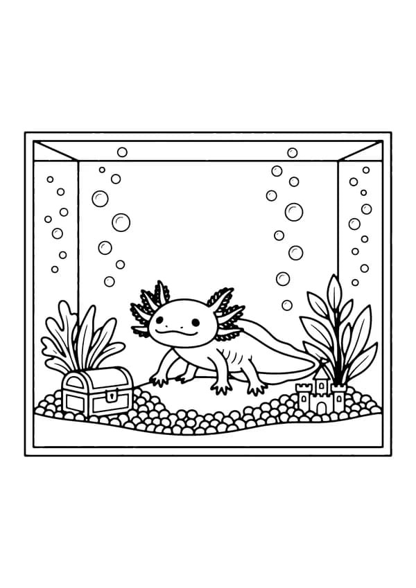 Printable hand-drawn Axolotl in a Fish Tank coloring page