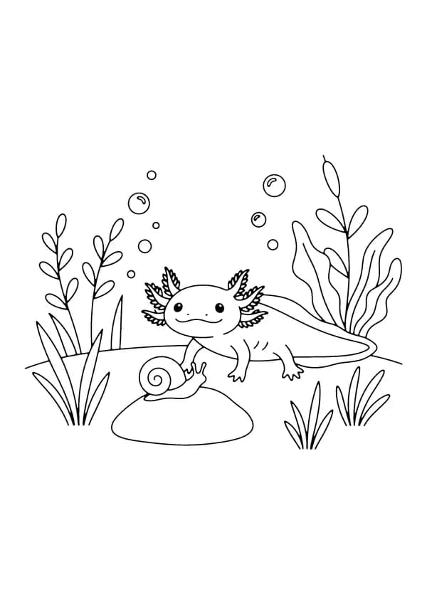 Printable hand-drawn Axolotl with a Snail coloring page