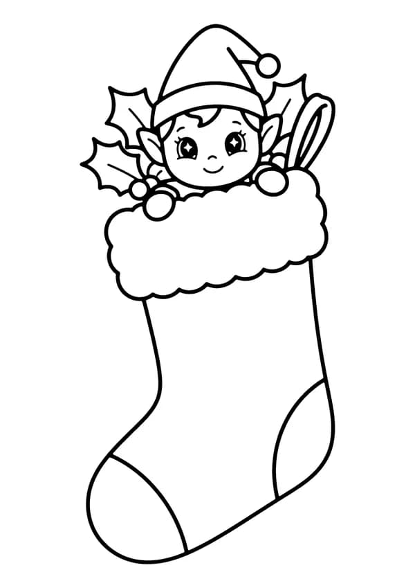 Printable hand-drawn Baby Elf with Stocking coloring page