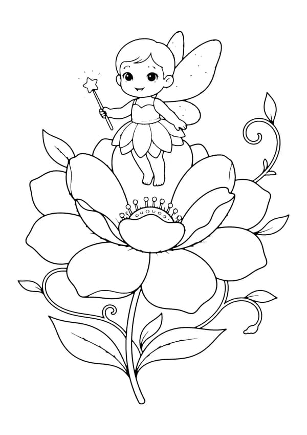 Printable hand-drawn Baby Fairy on a Flower coloring page