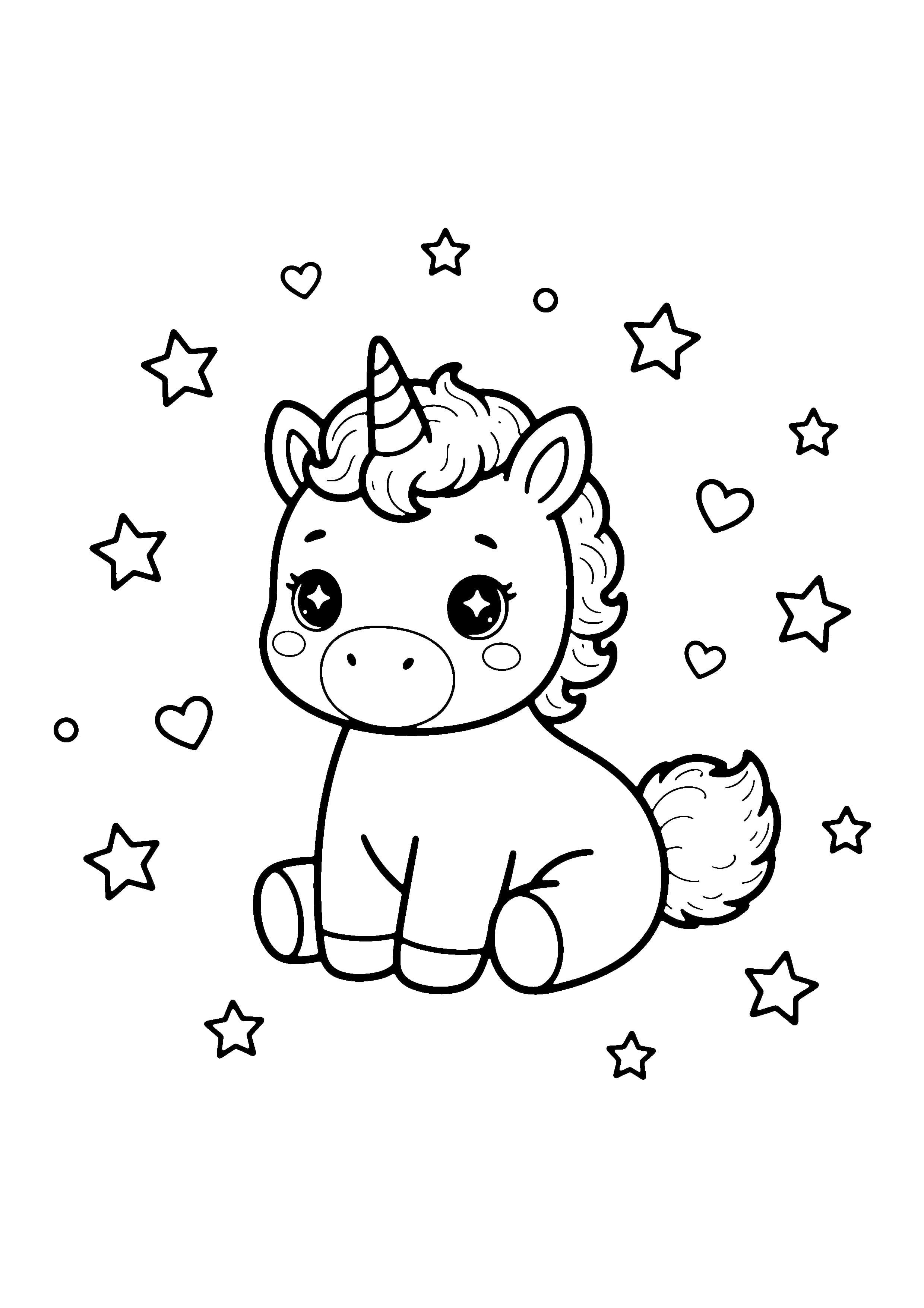 Printable hand-drawn Baby Unicorn with Stars coloring page