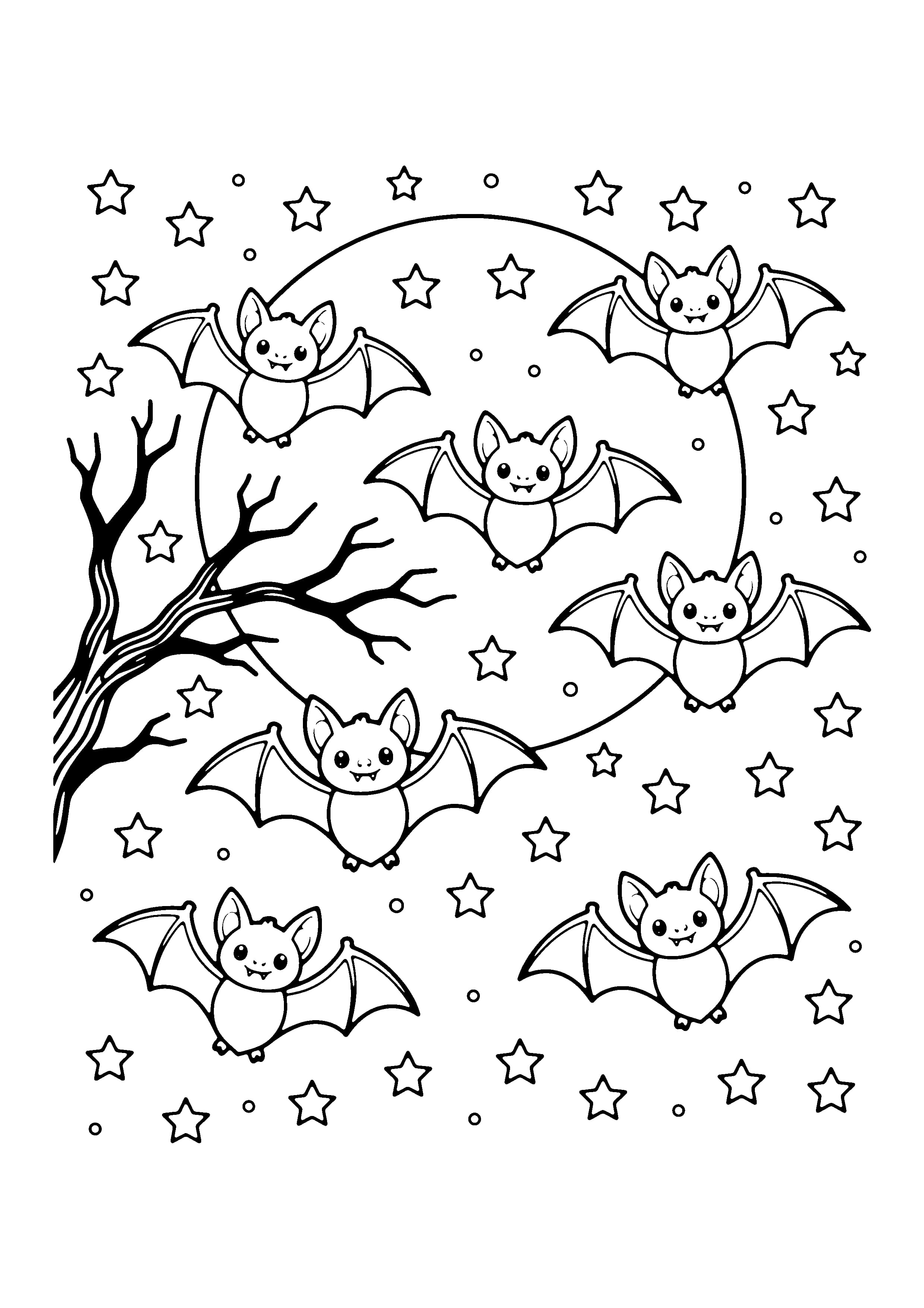 Printable hand-drawn Bats and Full Moon coloring page