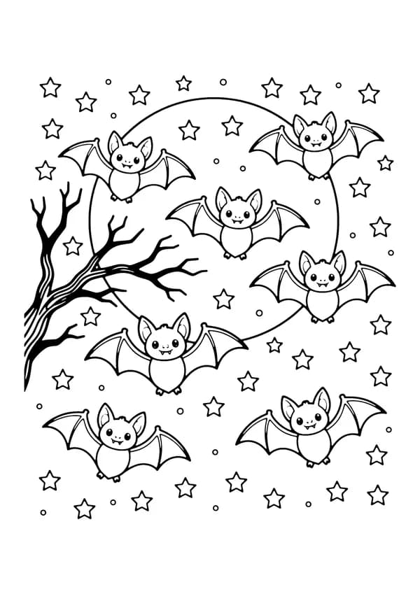 Printable hand-drawn Bats and Full Moon coloring page
