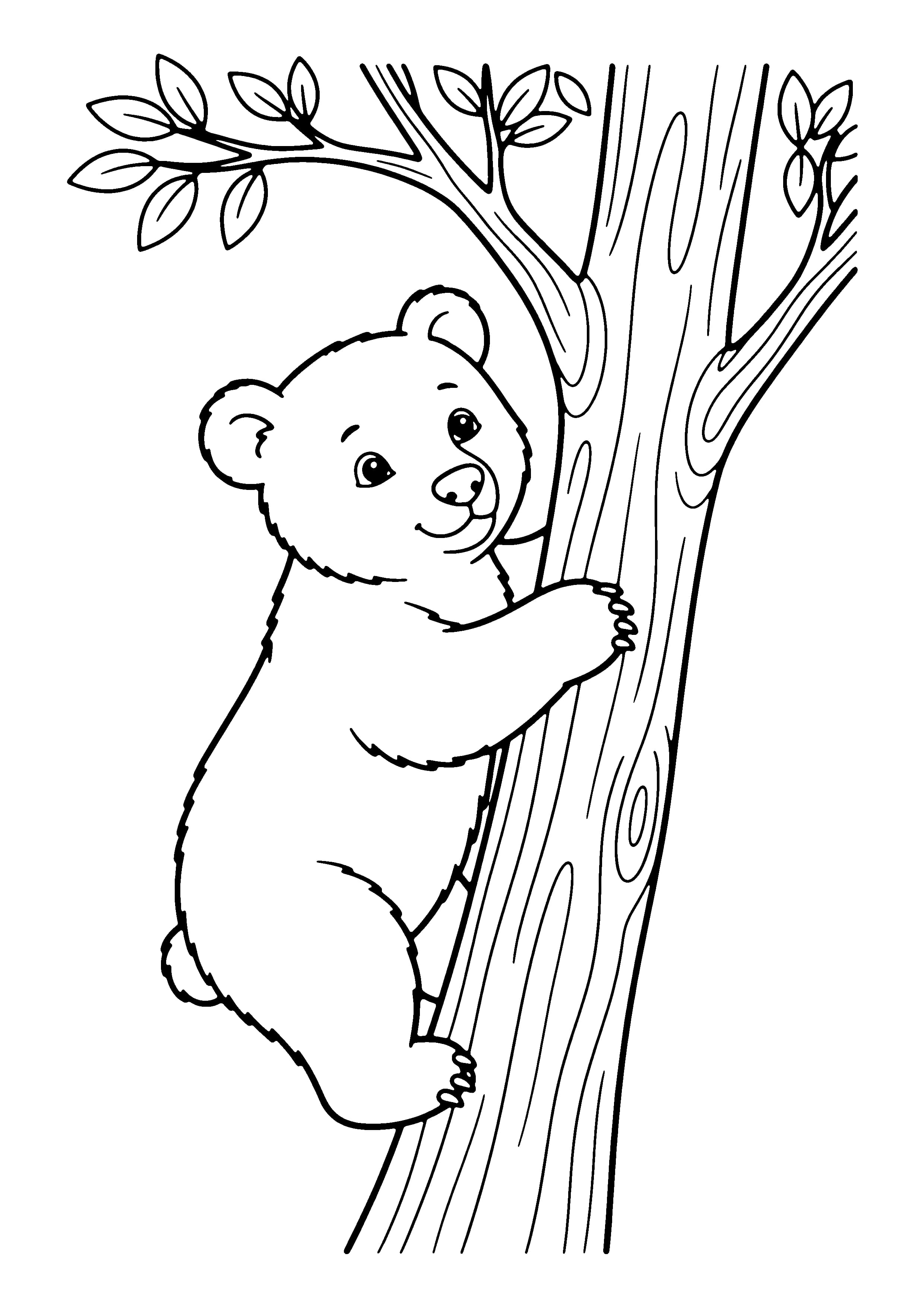 Printable hand-drawn Bear Cub Climbing a Tree coloring page