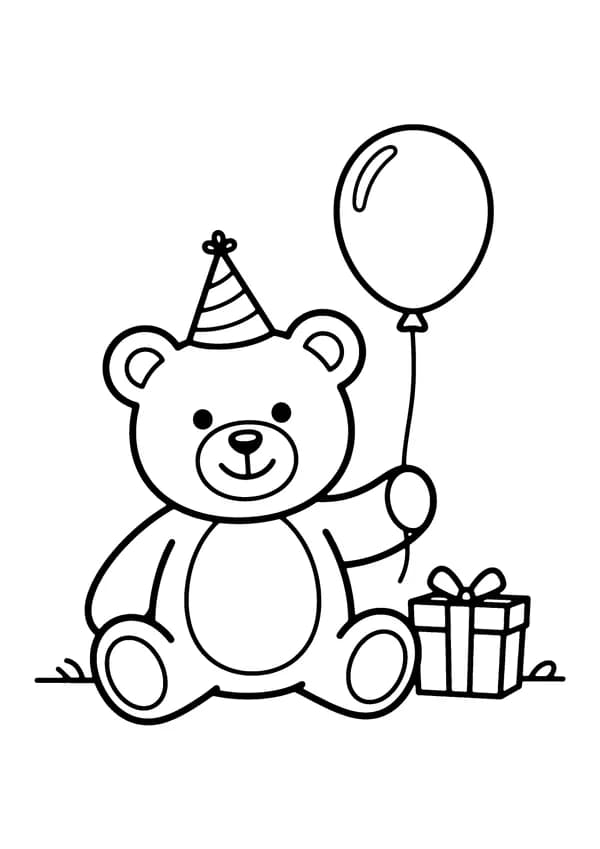 Printable hand-drawn Birthday Bear with Balloon coloring page
