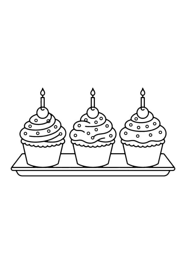 Printable hand-drawn Birthday Cupcake Trio coloring page
