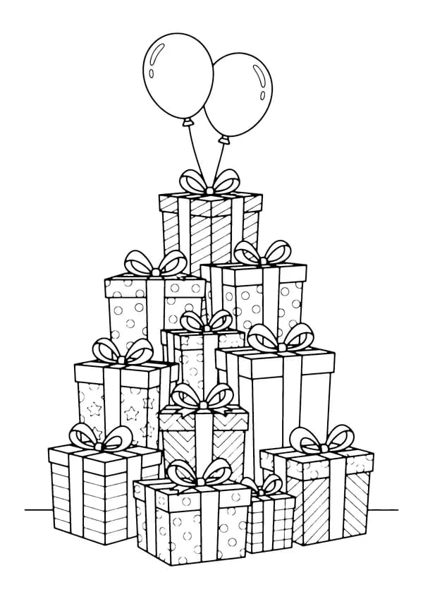 Printable hand-drawn Birthday Gift Pile coloring page