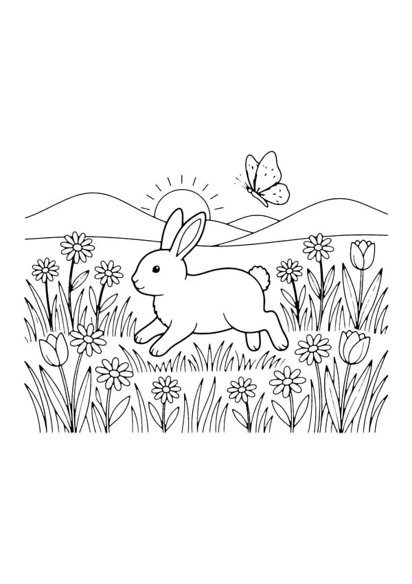 Printable hand-drawn Bunny in a Flower Meadow coloring page