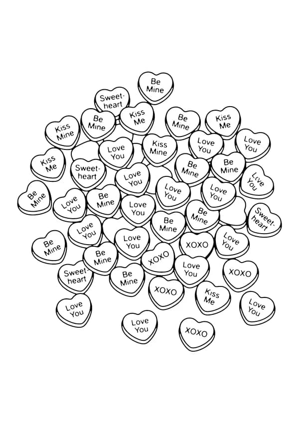 Printable hand-drawn Candy Conversation Hearts coloring page