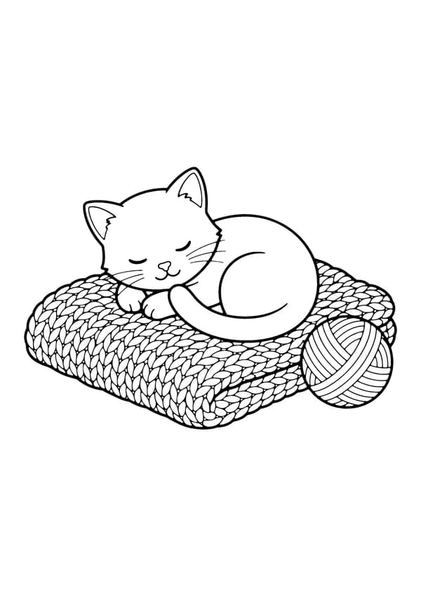 Printable hand-drawn Cat Napping on a Sweater coloring page