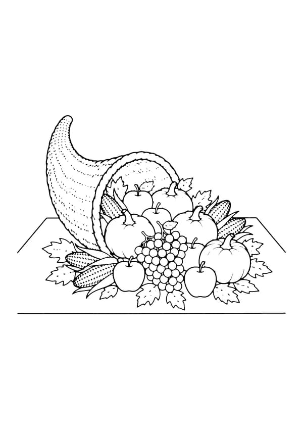 Printable hand-drawn Cornucopia Harvest coloring page