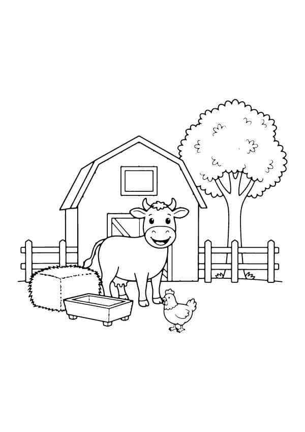Printable hand-drawn Cow in the Barnyard coloring page