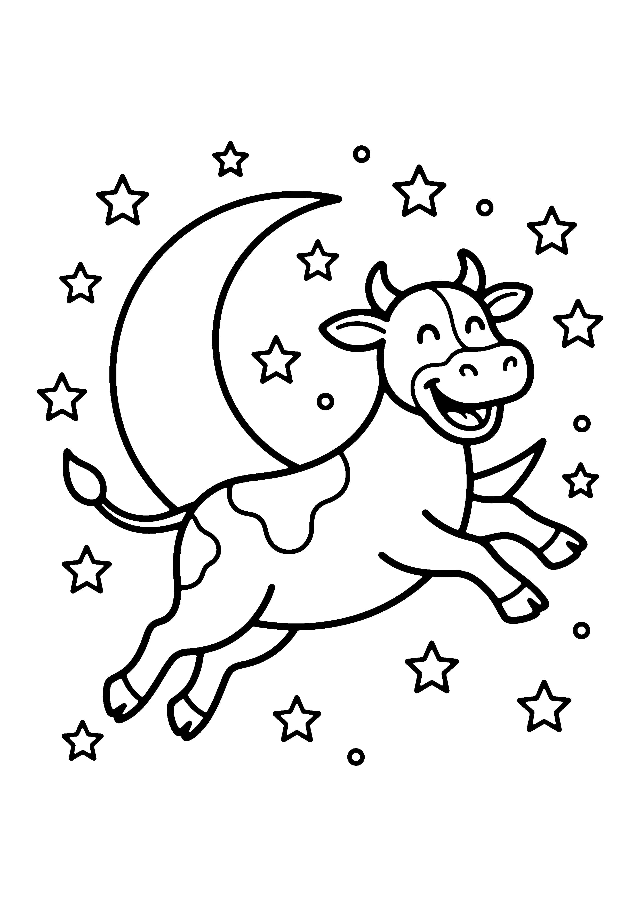 Printable hand-drawn Cow Jumping Over the Moon coloring page
