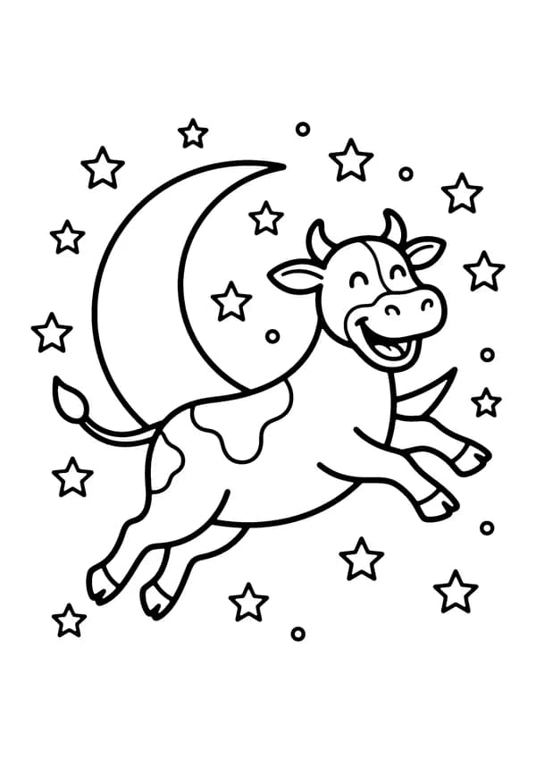 Printable hand-drawn Cow Jumping Over the Moon coloring page