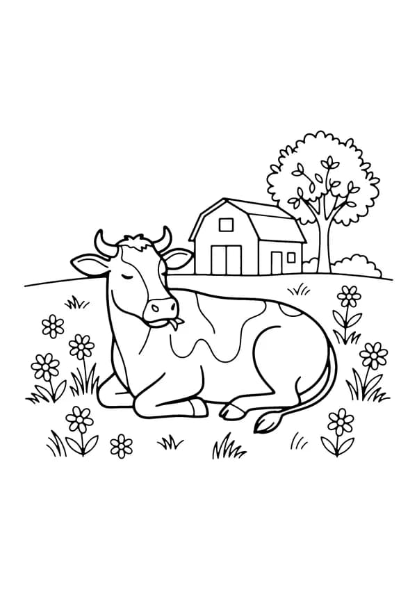 Printable hand-drawn Cow Resting in the Field coloring page