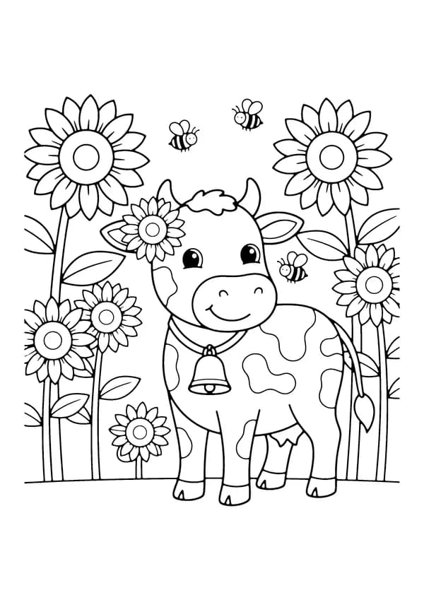 Printable hand-drawn Cow with Sunflowers coloring page