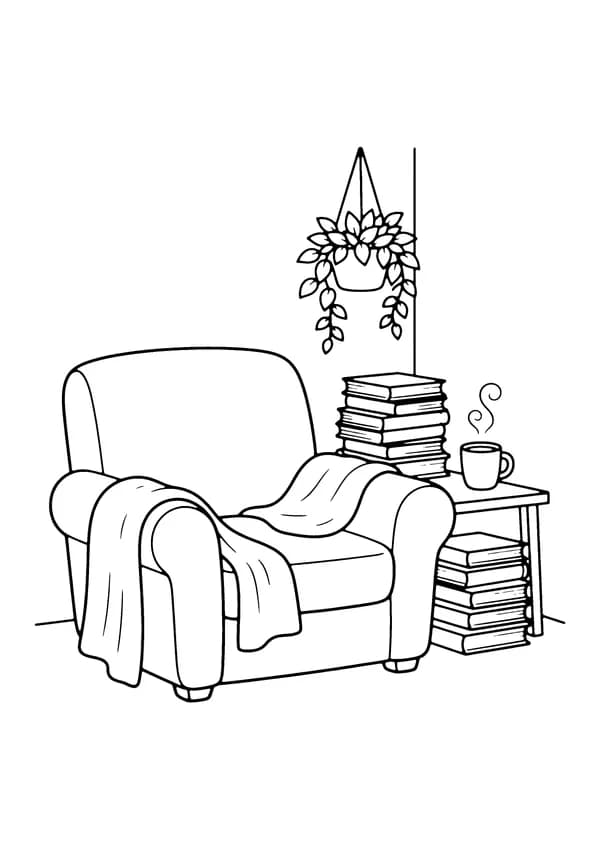 Printable hand-drawn Cozy Reading Nook coloring page