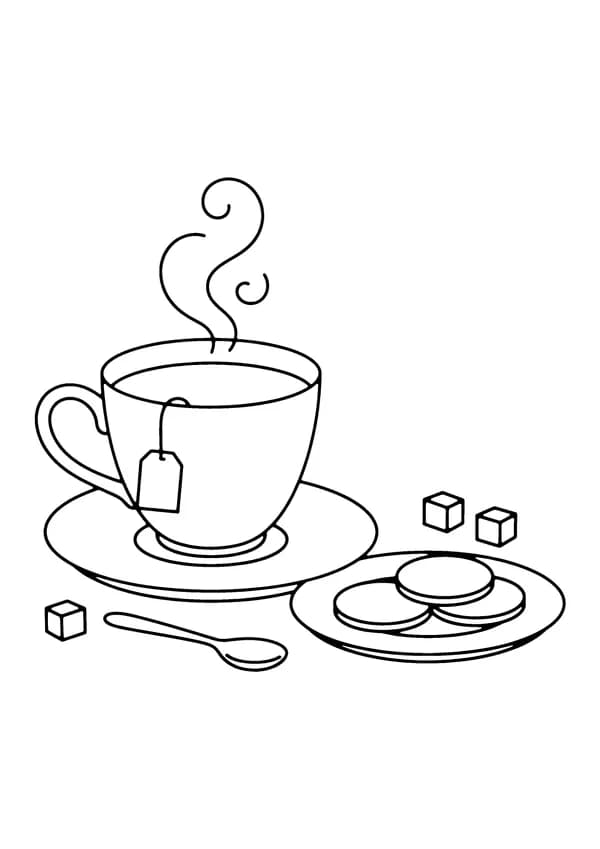 Printable hand-drawn Cup of Tea and Cookies coloring page