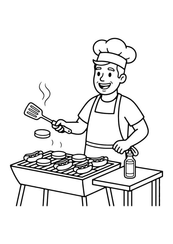 Printable hand-drawn Dad at the Barbecue Grill coloring page