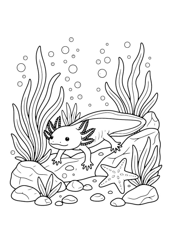 Printable hand-drawn Detailed Axolotl Scene coloring page