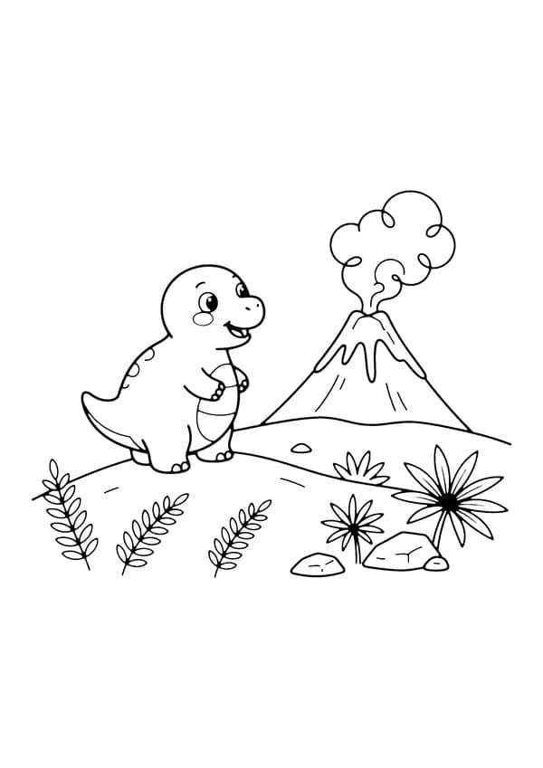Printable hand-drawn Dino and the Volcano coloring page