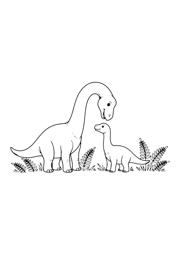 Printable hand-drawn Dino Mom and Baby coloring page