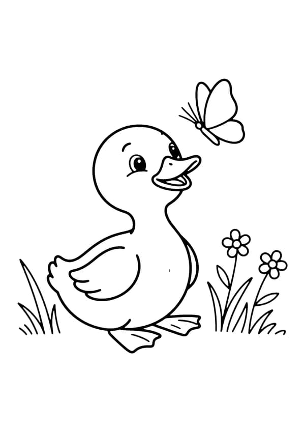 Printable hand-drawn Duckling and Butterfly coloring page