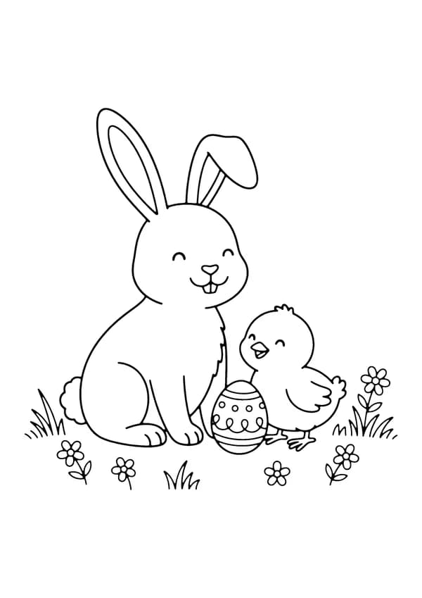 Printable hand-drawn Easter Bunny and Chick Friends coloring page