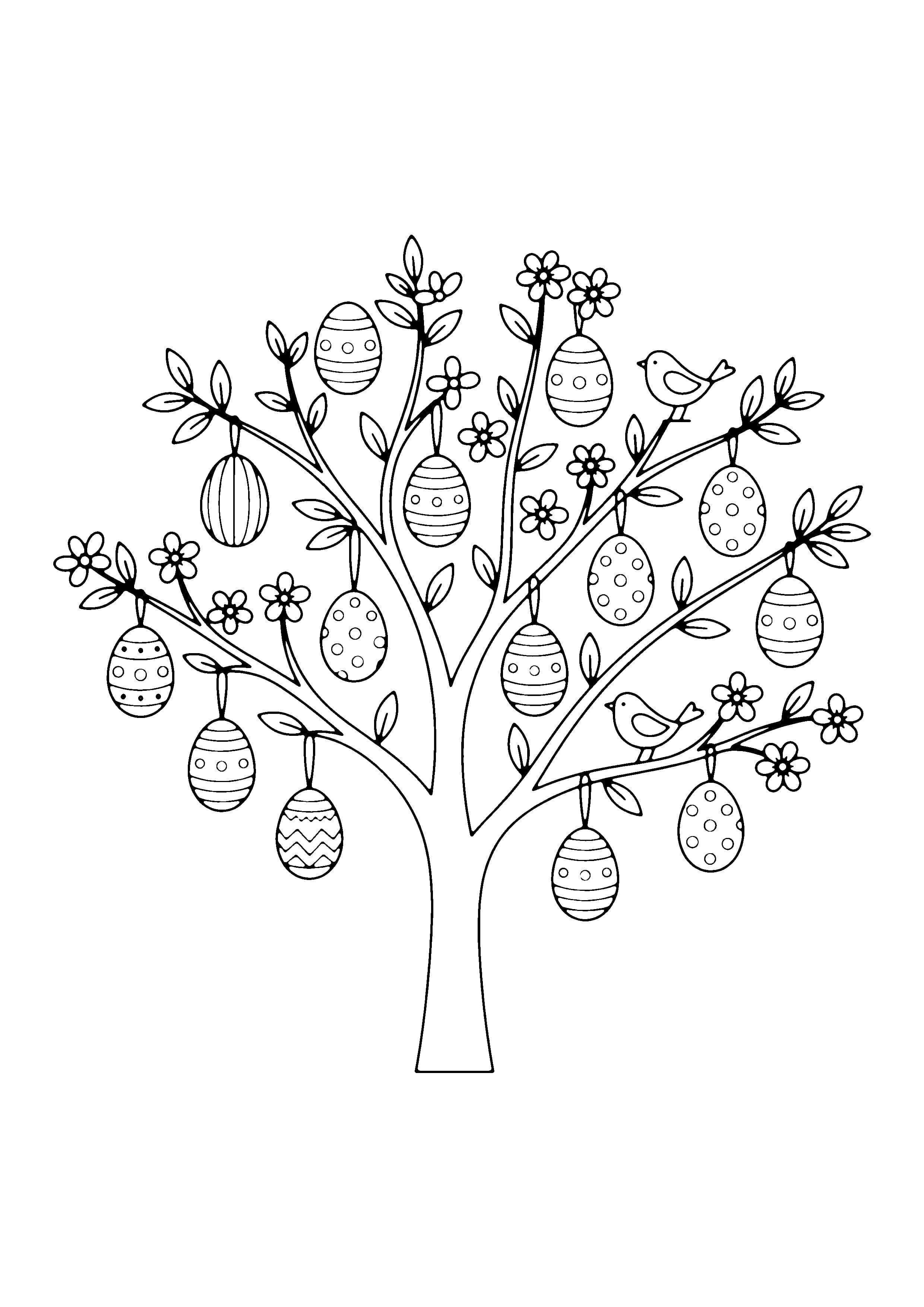 Printable hand-drawn Easter Egg Tree coloring page