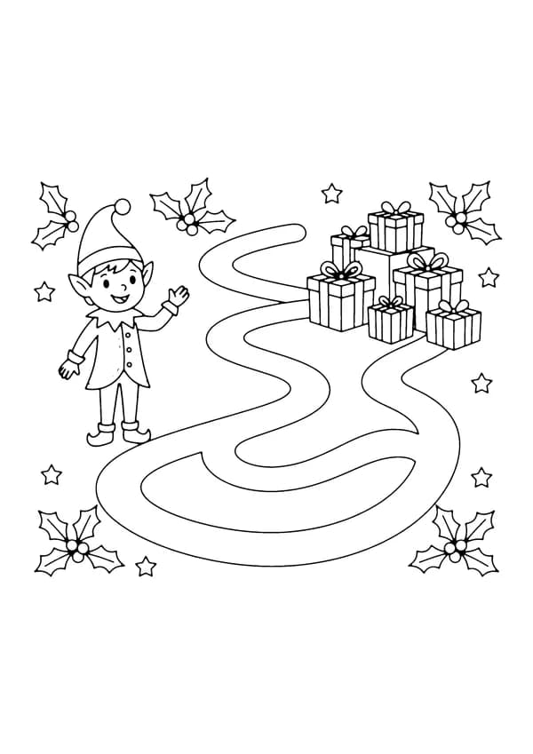 Printable hand-drawn Elf Coloring Maze Activity coloring page