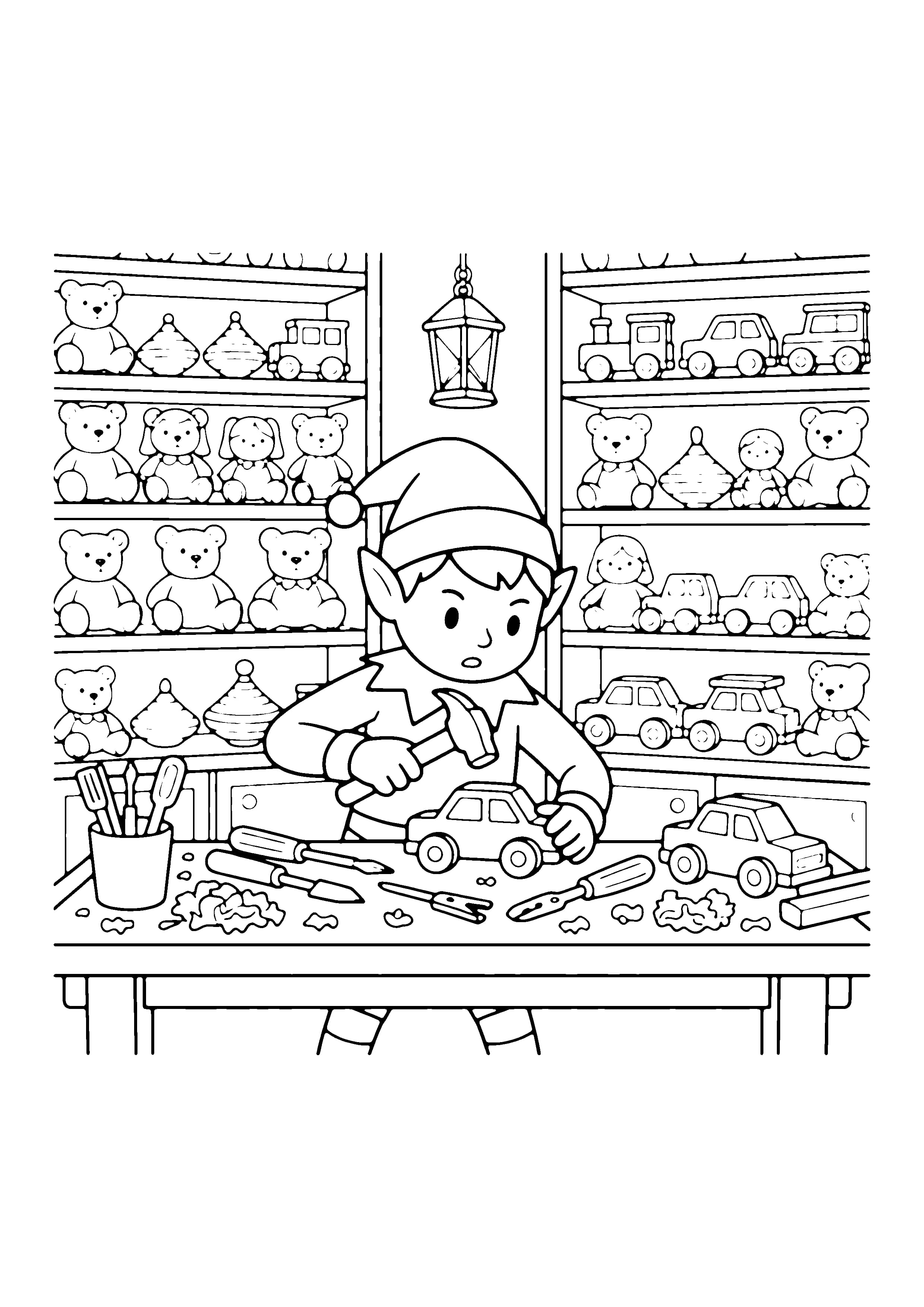 Printable hand-drawn Elf in Santa's Workshop coloring page