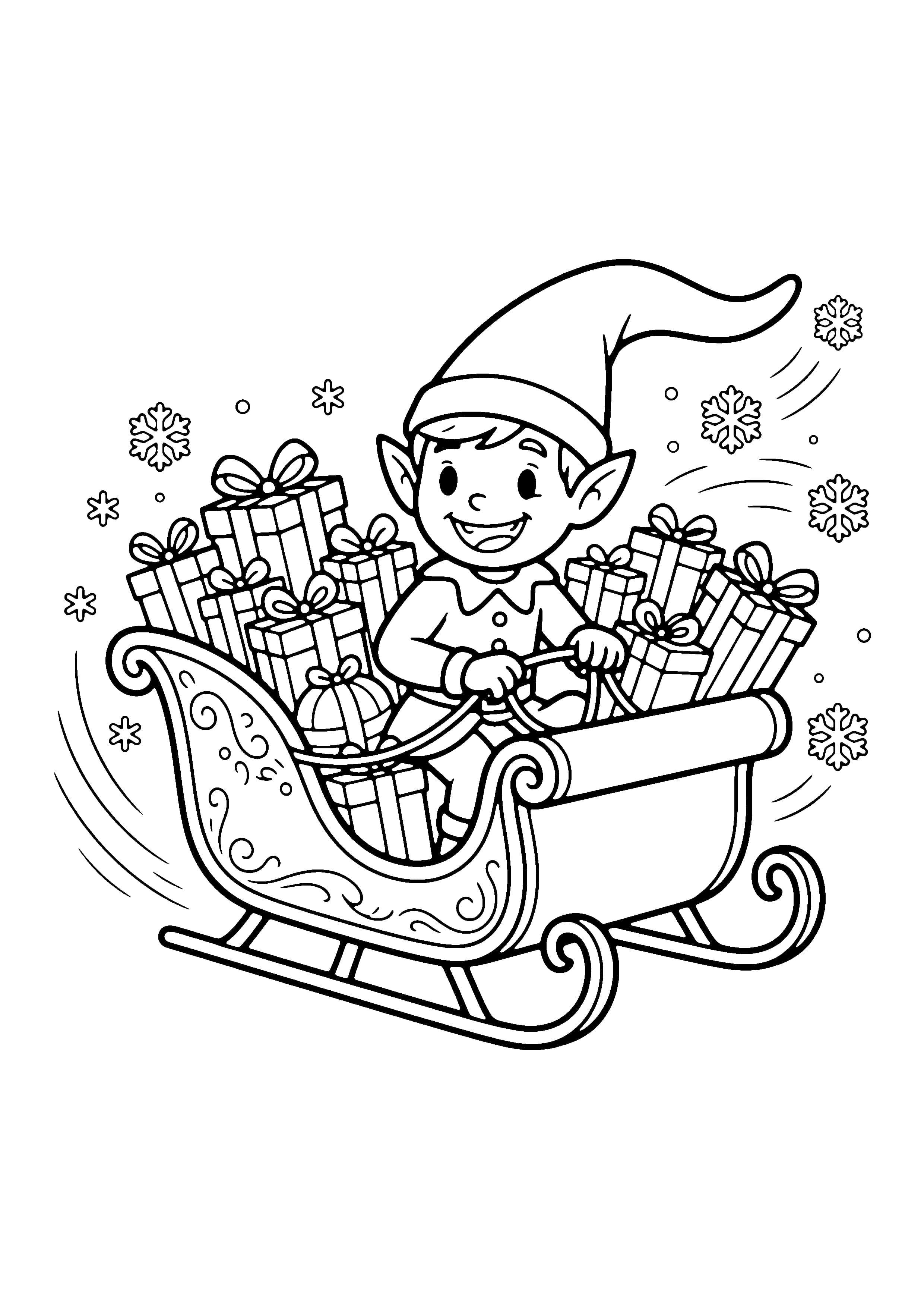 Printable hand-drawn Elf on a Sleigh coloring page