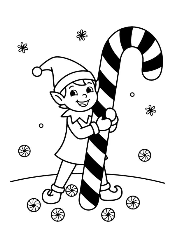 Printable hand-drawn Elf with a Candy Cane coloring page