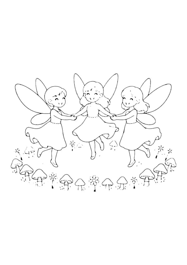 Printable hand-drawn Fairy Friends Dancing coloring page