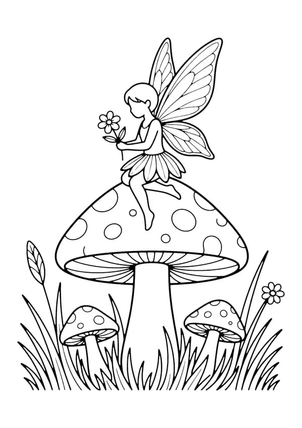 Printable hand-drawn Fairy on a Mushroom coloring page