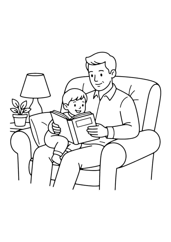 Printable hand-drawn Father and Child Reading coloring page