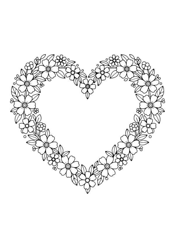Printable hand-drawn Floral Heart Wreath coloring page