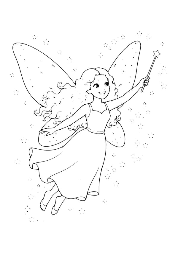 Printable hand-drawn Flying Fairy with Wand coloring page