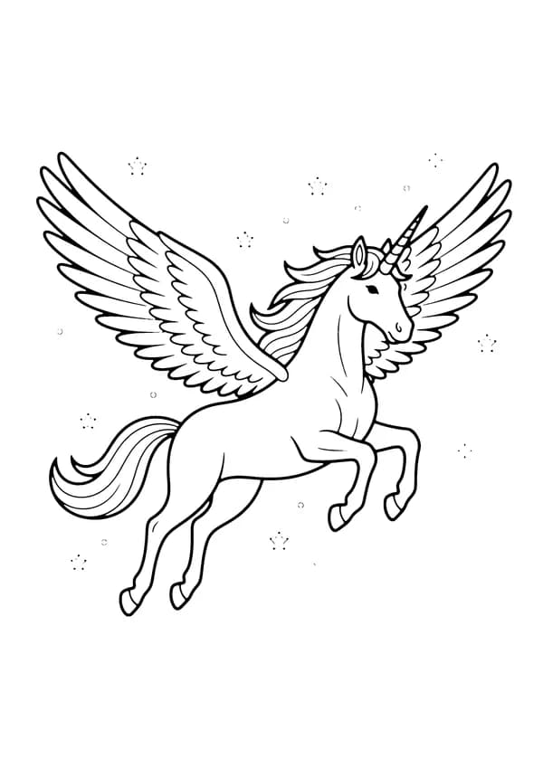 Printable hand-drawn Flying Unicorn coloring page