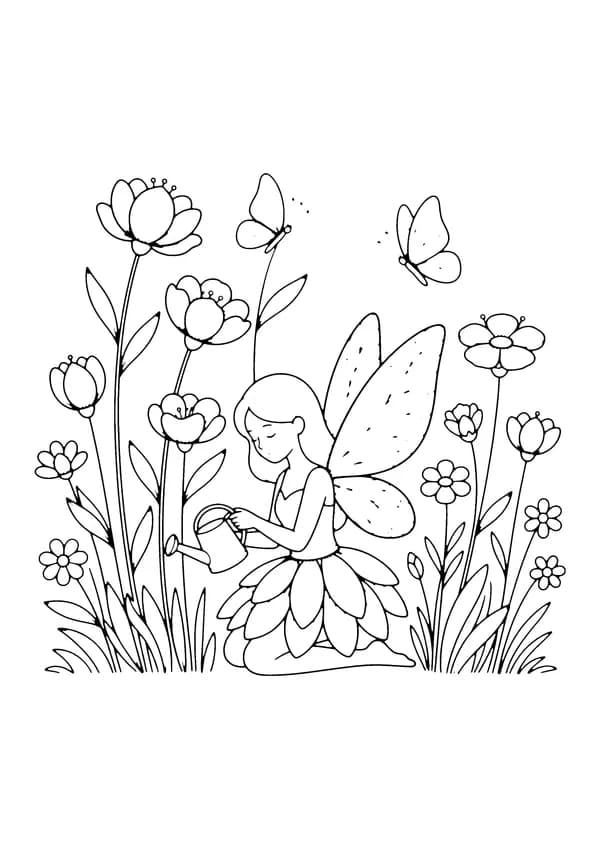 Printable hand-drawn Garden Fairy with Flowers coloring page