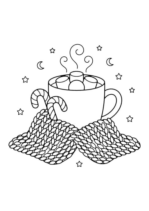 Printable hand-drawn Hot Cocoa and Blanket coloring page