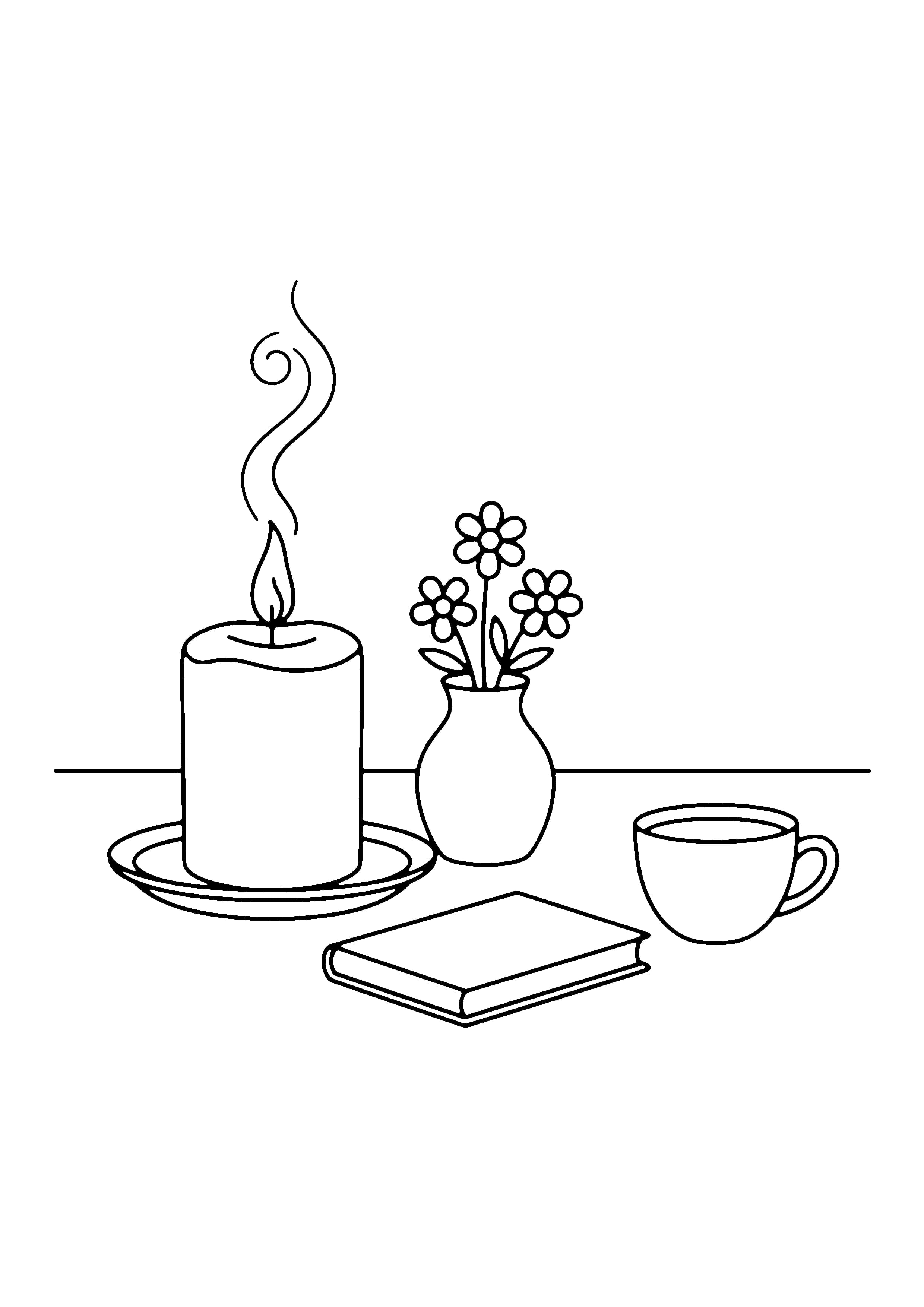 Printable hand-drawn Lit Candle and Flowers coloring page
