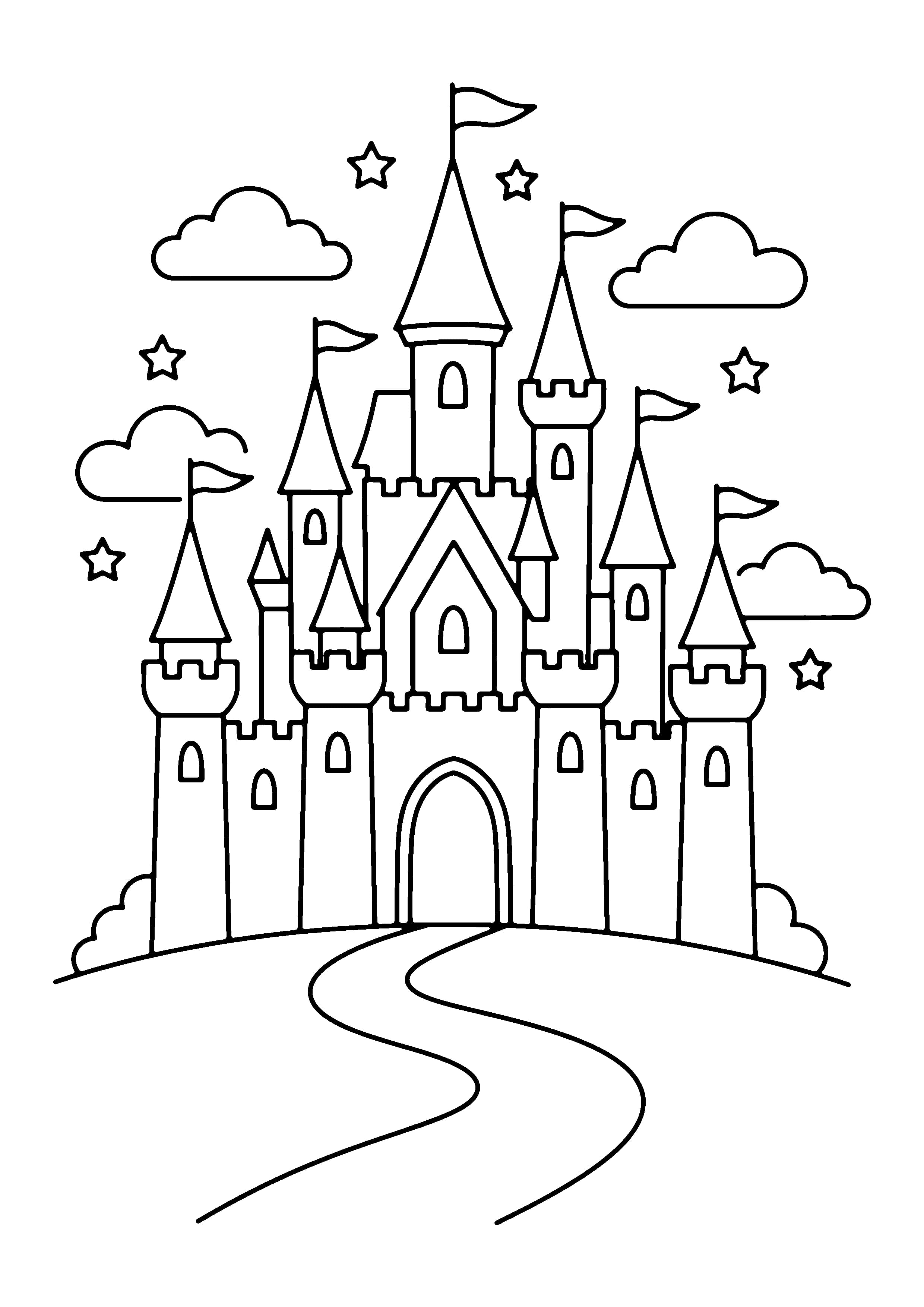 Printable hand-drawn Magic Castle coloring page