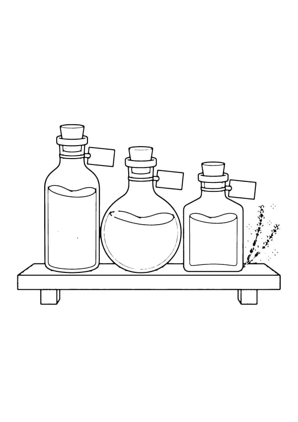 Printable hand-drawn Magic Potion Shelf coloring page