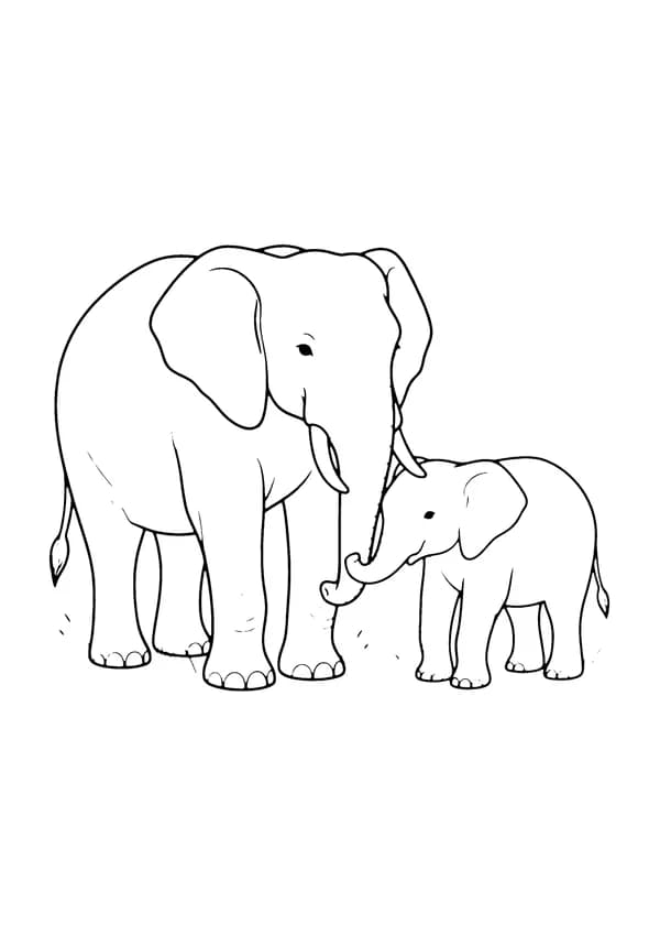 Printable hand-drawn Mama and Baby Elephant coloring page