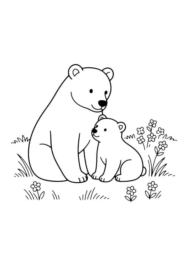 Printable hand-drawn Mama Bear and Cub coloring page