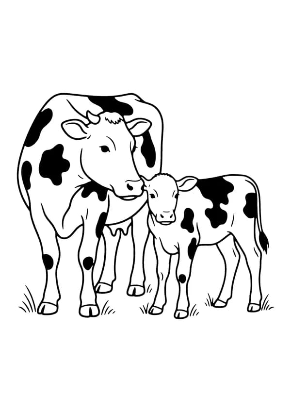 Printable hand-drawn Mama Cow and Calf coloring page
