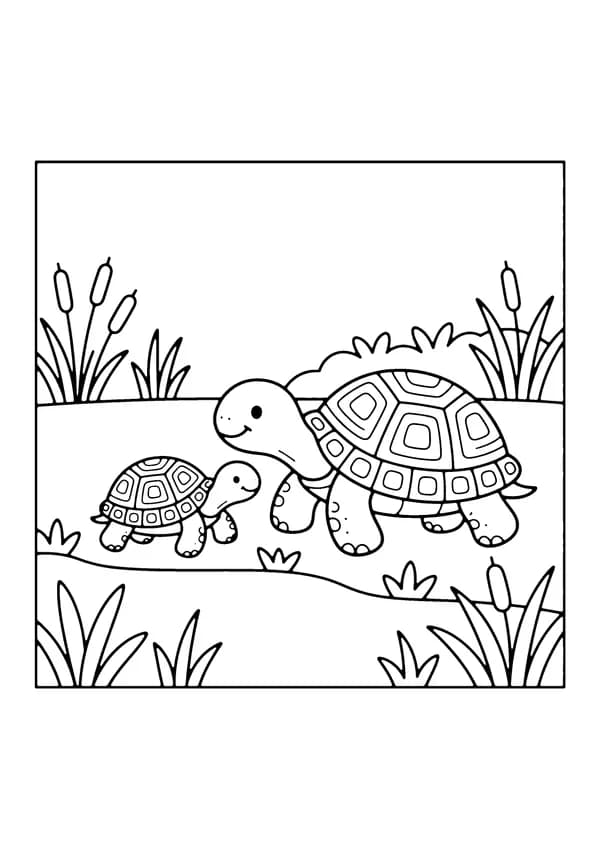 Printable hand-drawn Mama Turtle and Baby coloring page