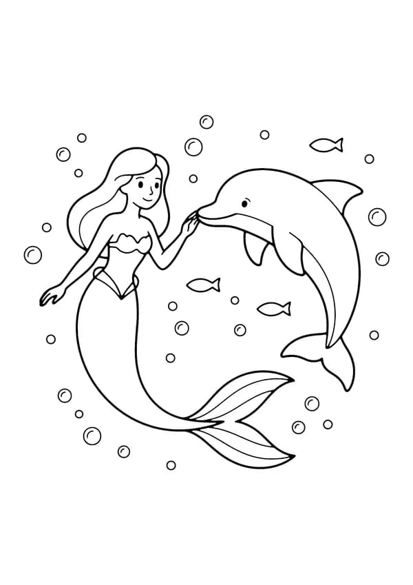 Printable hand-drawn Mermaid and Dolphin coloring page