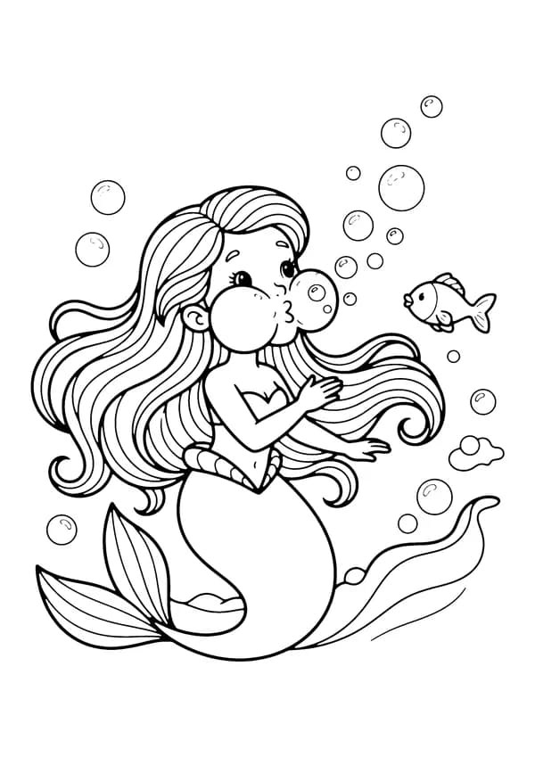 Printable hand-drawn Mermaid Blowing Bubbles coloring page